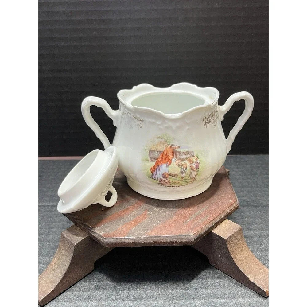 Sugar Bowl Lid Porcelain Vtg Old Women in the Shoe Cottagecore Farm Shabby Chic - Picture 7 of 14